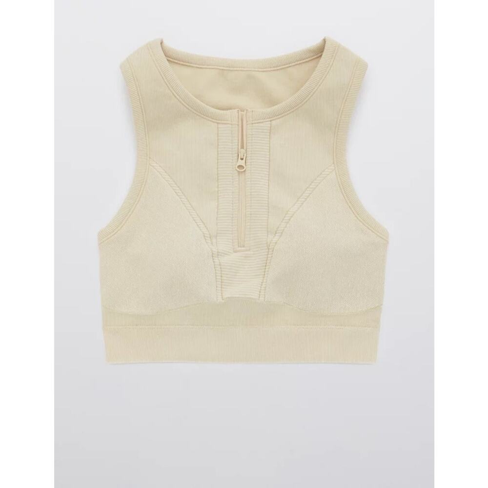OFFLINE AERIE SEAMLESS Zip Front Sports Bra Nude Beige Small